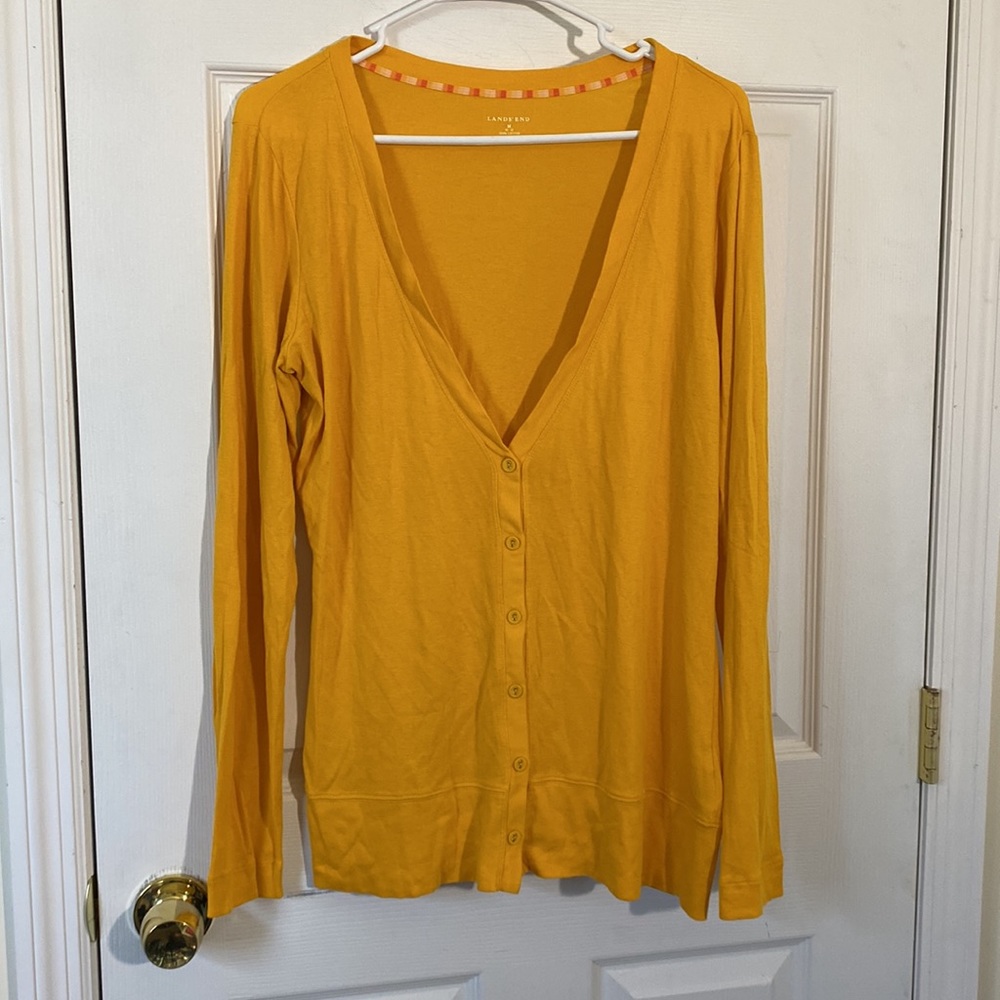 Lands’ End Mustard Yellow Cotton Vneck Sweater Cardigan M